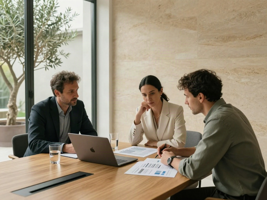 Professionals discussing analytics and strategic priorities during a business review session