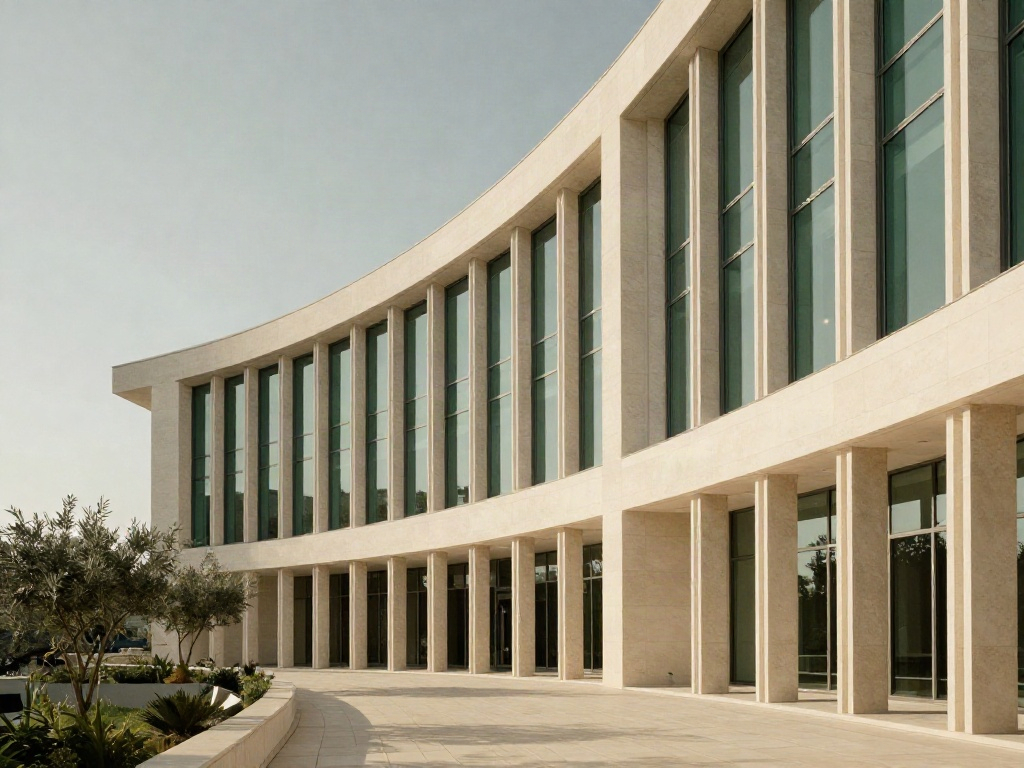 Sunlit contemporary office architecture with curved stone columns and forest-green glass